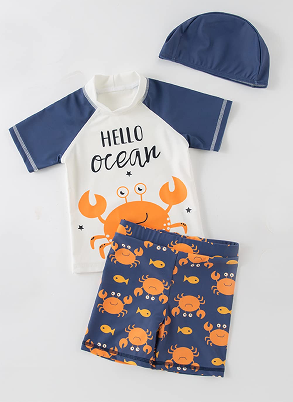 Styles I Love Kid Boys Hello Ocean & Crab Short Sleeve Rash Guard Set and Hat 3pcs White Swimsuit Beach Bathing Suit