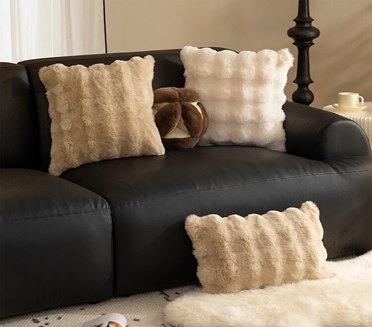 Fennco Styles Luxury Faux Fur Decorative Filled Throw Pillow 18" W x 18" L – Ivory Plush Fluffy Cushion for Couch, Bedroom, Living Room and Office Décor