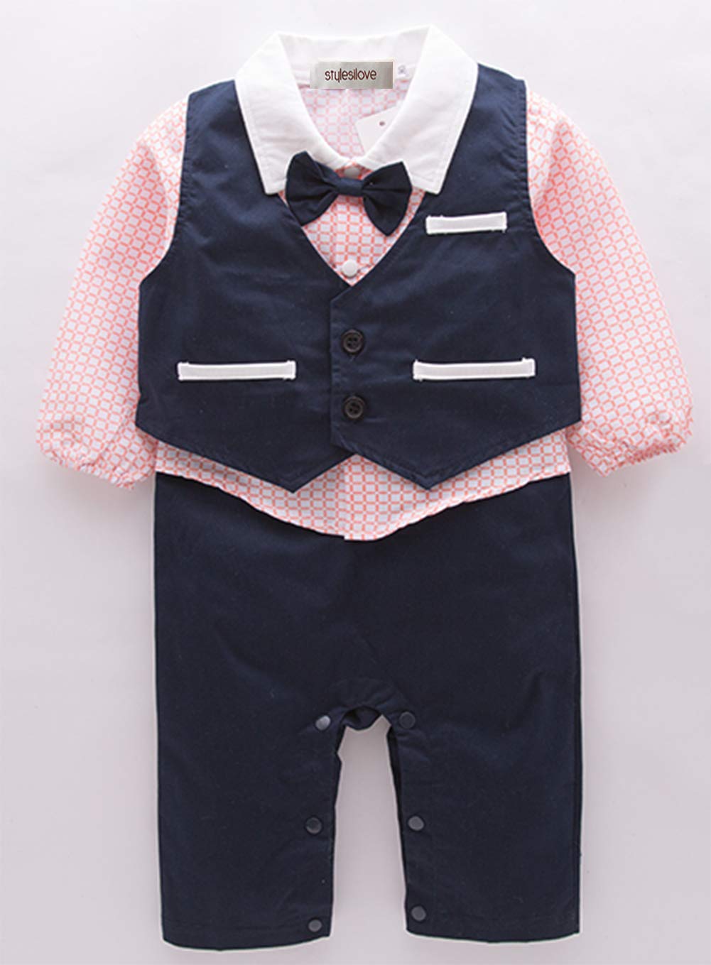 stylesilove Toddler Boys Long Sleeve Bow-tie Tuxedo Romper with Vest 2 Pcs Autumn Winter Formal Outfit