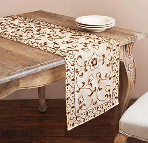 Fennco Styles Hand Beaded Nadja Floral Champagne Table Linen