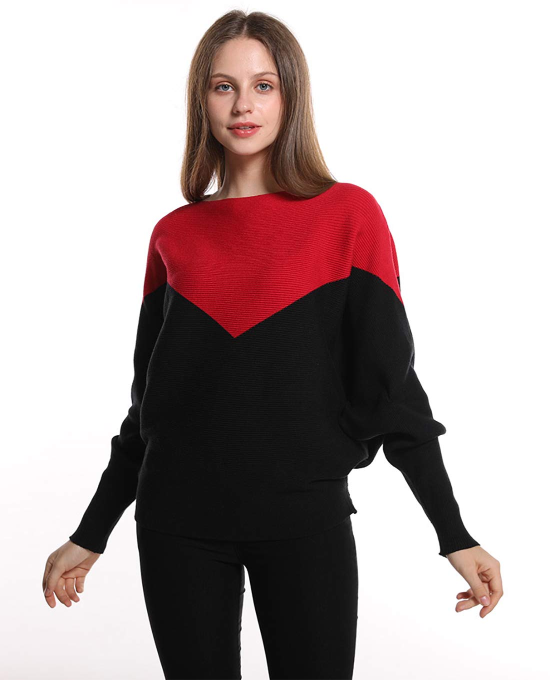 Styles I Love Women Autumn Winter Two-Tone Boat Neck Batwing Sleeve Pullover Knitted Sweater Long Sleeve Loose Top