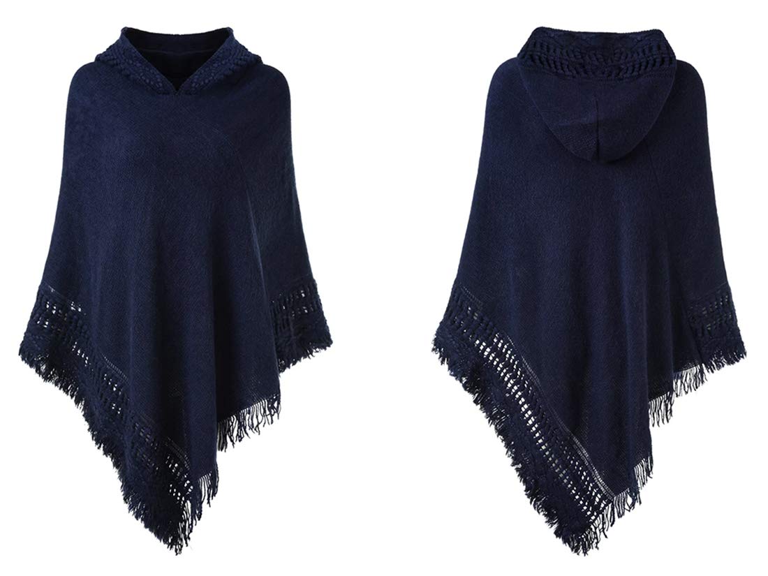 stylesilove Women Solid Knitted Hooded Poncho Crochet Pattern with Fringe Pullover Cardigan Soft Wrap for Fall Winter Seasons