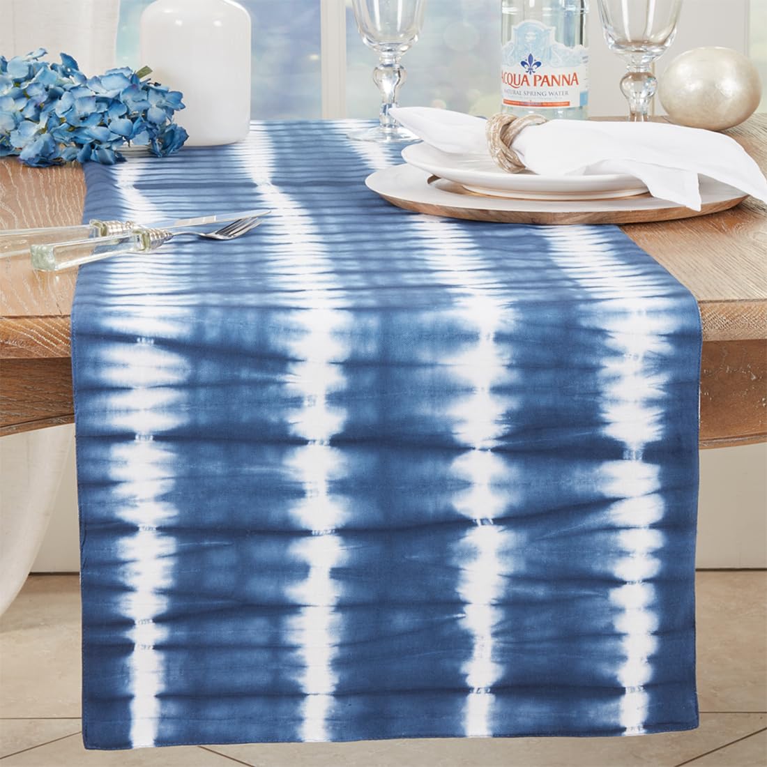 Fennco Styles Indigo Tie Dye Stripe Cotton Table Runner 16" W X 72" L