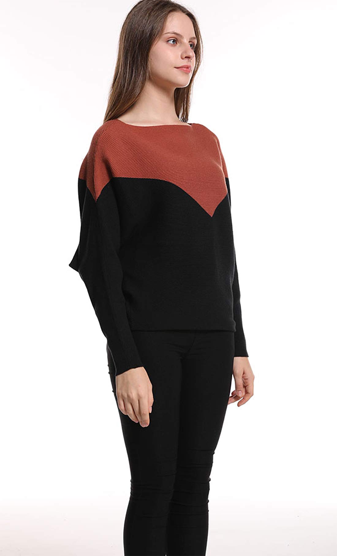 Styles I Love Women Autumn Winter Two-Tone Boat Neck Batwing Sleeve Pullover Knitted Sweater Long Sleeve Loose Top