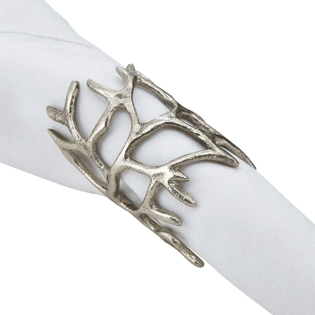 Fennco Styles Wrapped Antler Metal Napkin Rings, Set of 4 - Silver Decorative Napkin Holders for Home, Dining Room, Banquet, Family Gathering, Holiday and Special Occasion