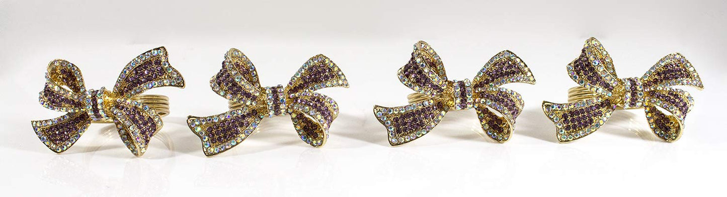 Fennco Styles Stunning Crystal Bowknot Gold-Plated Napkin Rings Wedding Holiday Table Decoration - Set of 4