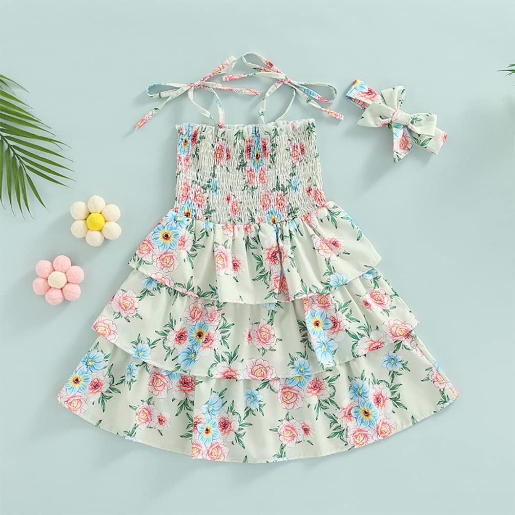 stylesilove Baby Toddler Girls Floral Print Smocked Tiered Sleeveless Dress & Headband 2pcs Summer Ruffle Sundress Outfit