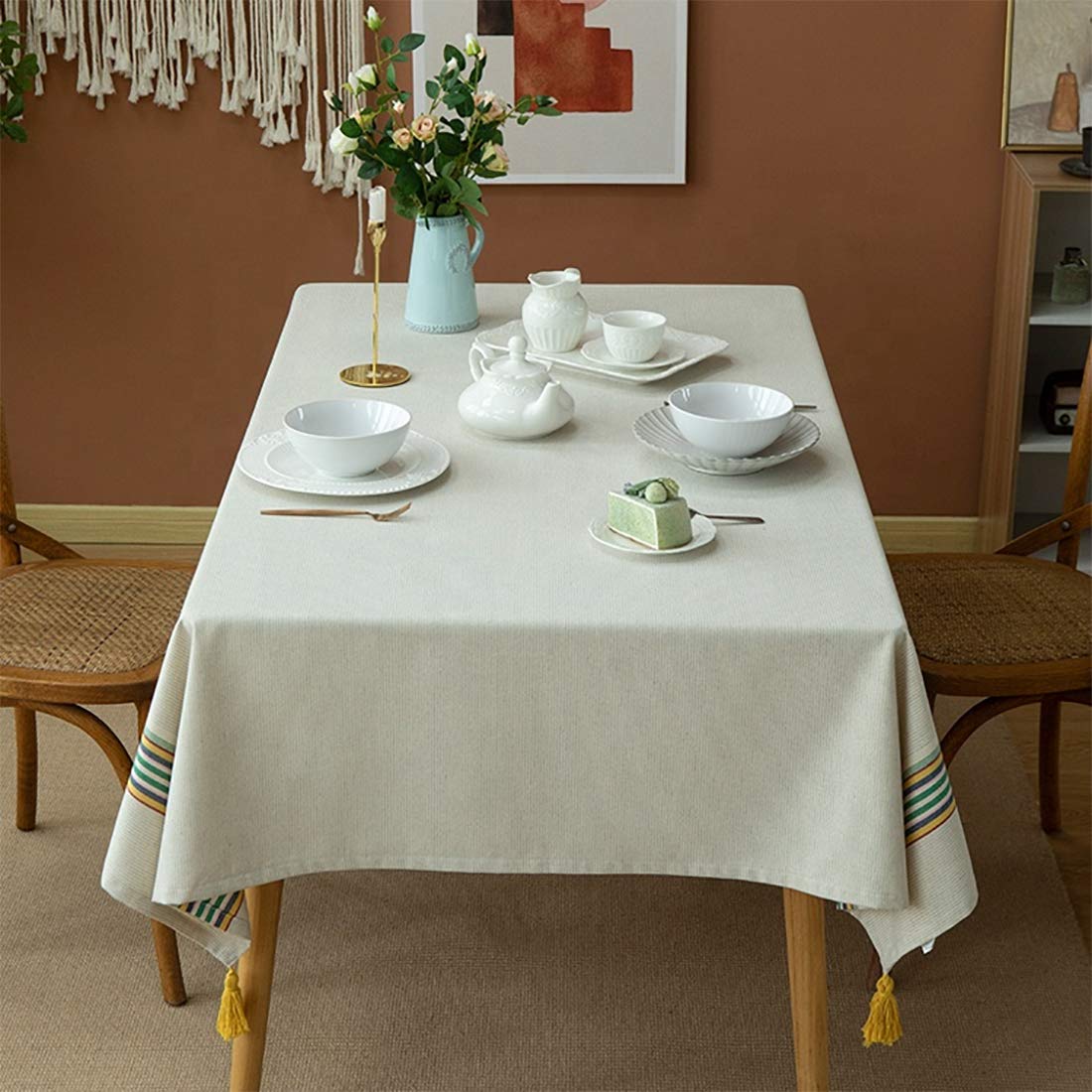 Fennco Styles Classic Striped Tassel Woven Tablecloth 55" W x 55" L - Ivory Table Cover for Banquets, Holiday, Special Events, Home, Dining Room Décor and Everyday Use