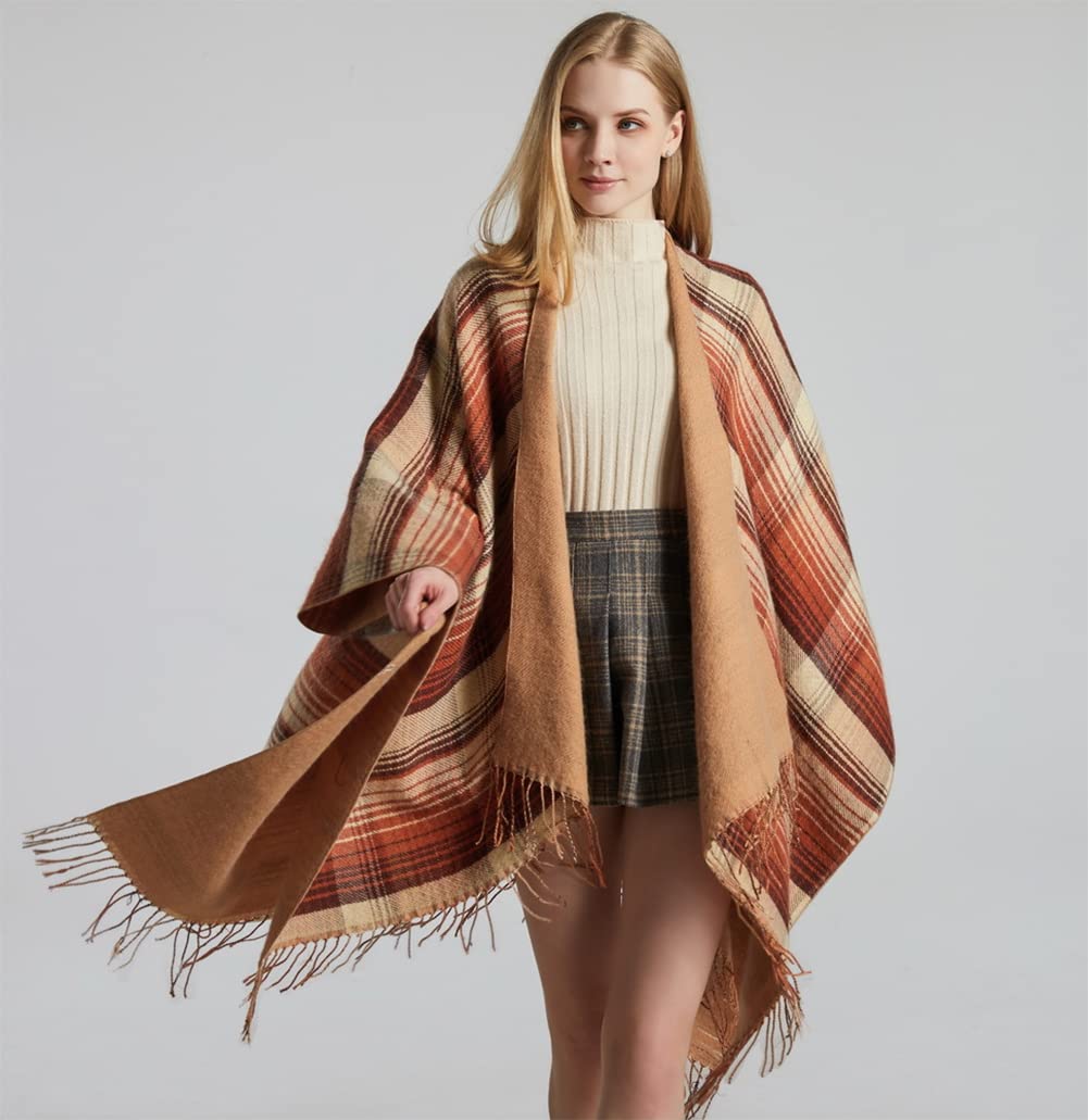 stylesilove Women Reversible Plaid Fringe Knitted Open Front Poncho Cape Oversized Cardigan Fall Winter Wrap Shawl