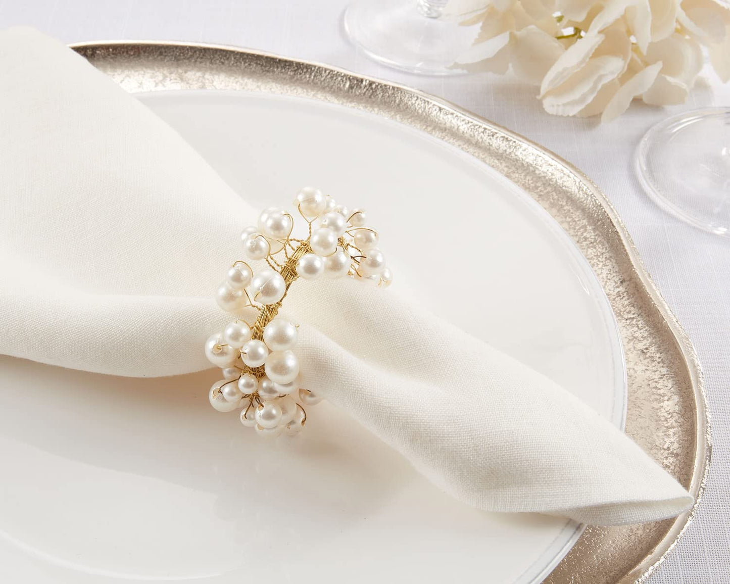 Fennco Styles Hand Beaded Faux Pearl Napkin Rings, Set of 4 - Elegant Pearl Collection Napkin Holders for Home Décor, Dining Room, Wedding, Banquets and Special Occasions