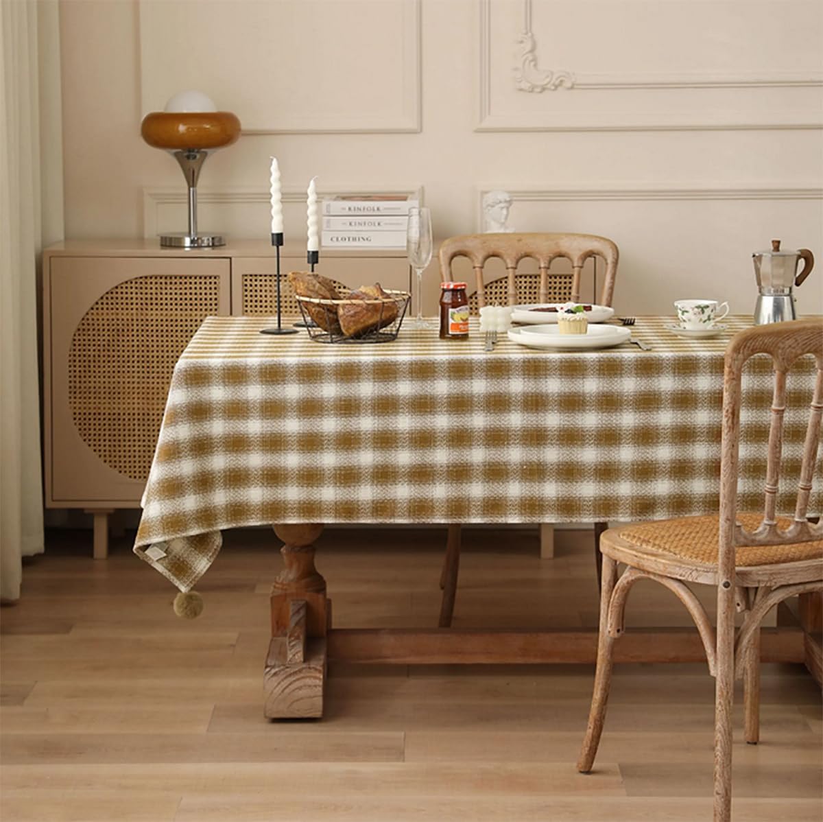Fennco Styles Plaid Woven 100% Cotton Tablecloth with Pom Pom - Green Table Cover for Winter Holiday Décor, Banquet, Family Gathering and Special Occasion