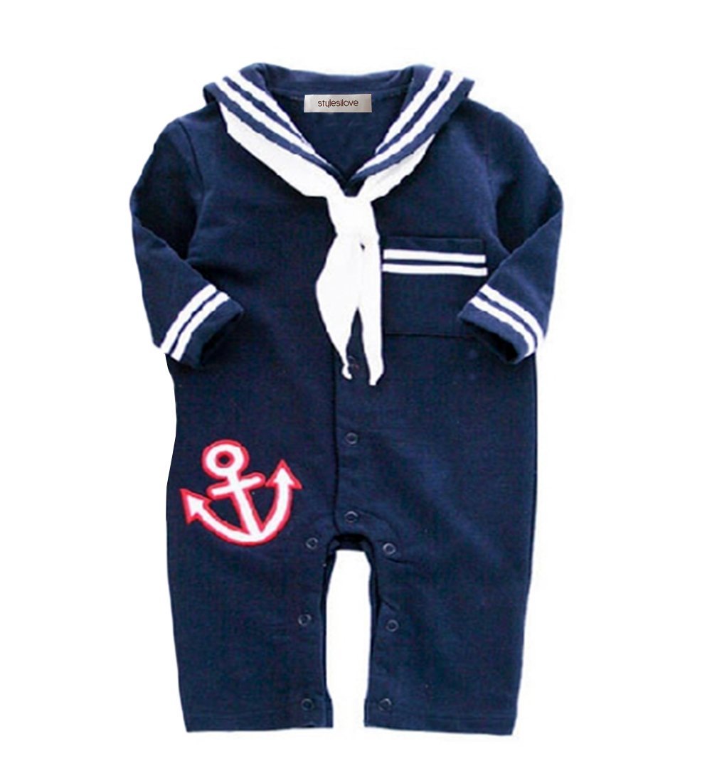 stylesilove Newborn Infant Toddler Baby Boy Sailor Anchor Cosplay Romper Jumpsuit Holiday Festival Onesie Outfit (95/18-24 Months, Navy Blue)