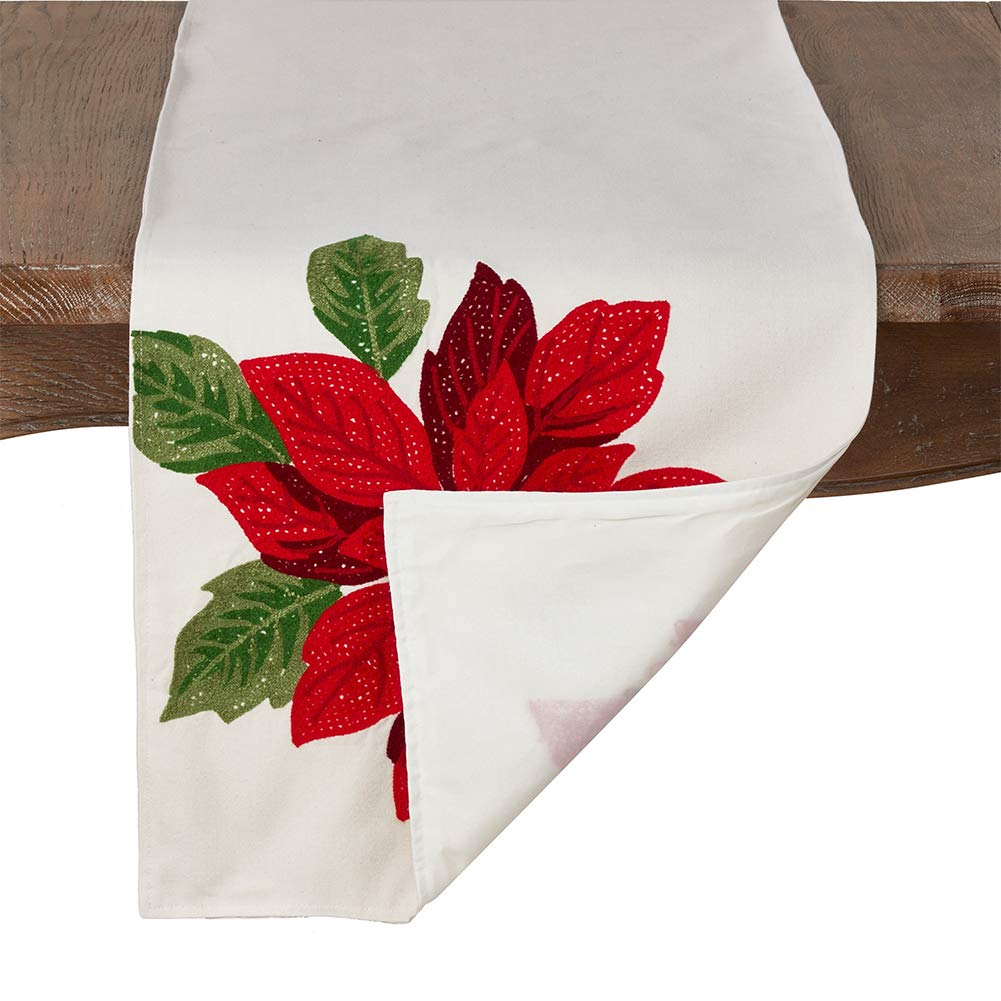 Fennco Styles Classic Holiday Embroidered Poinsettia Table Runner, 16"X72" Rectangular