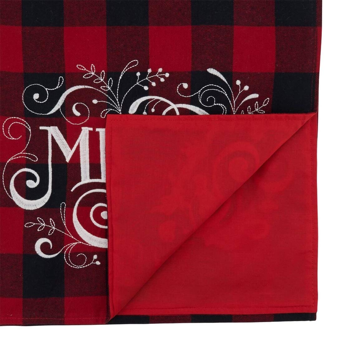 Fennco Styles Holiday Buffalo Plaid Cotton Blend Merry Design Table Runner 14 x 72 Inch - Red & Black Plaid Table Cover for Christmas Decor, Home, Banquet, Family Gathering and Special Occasion