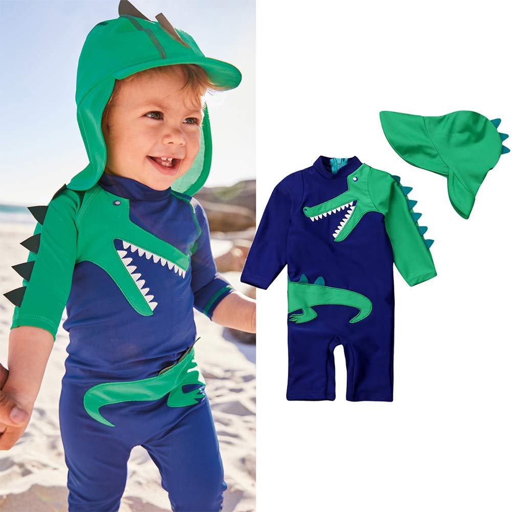Styles I Love Baby Toddler Boys Crocodile One-Piece Short Sleeve Zipper Rash Guard & Sun Hat 2pcs Swimsuit Beach Bathing Suit