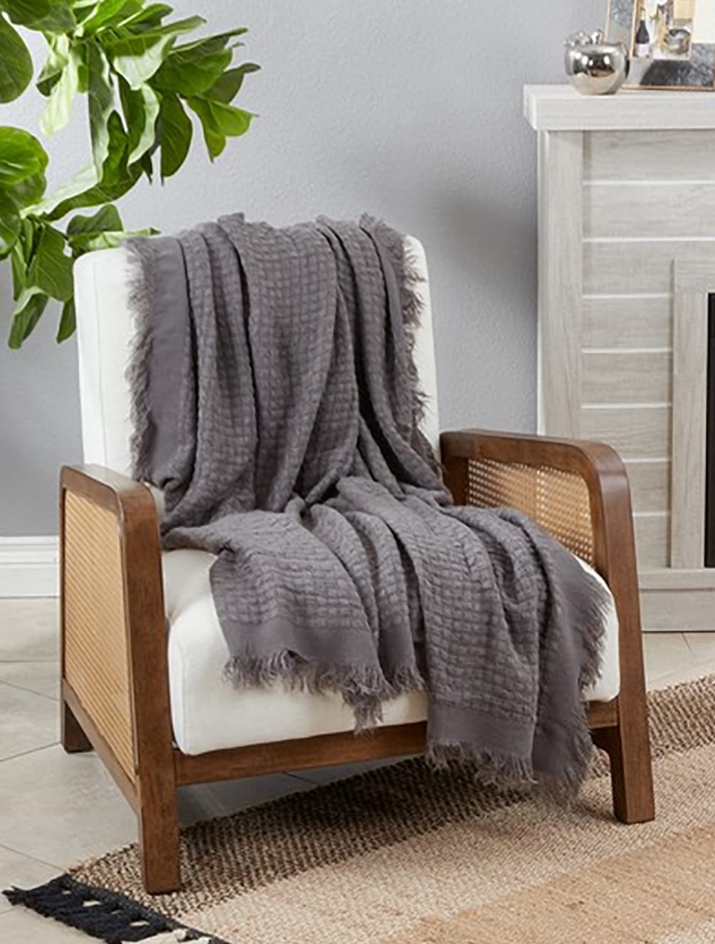 Fennco Styles Waffle Weave Solid Lightweight Throw Blanket with Fringe 50" W x 60" L - Slate Blanket for Sofa, Couch, Living Room and Bedroom Décor