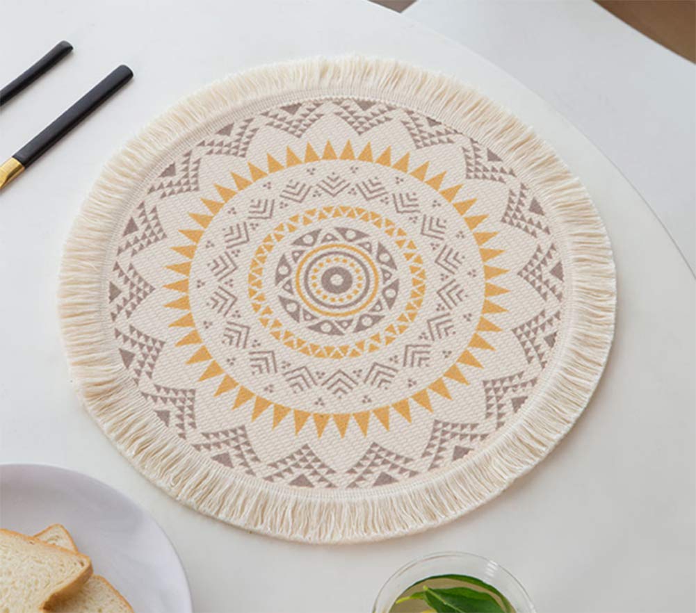 Fennco Styles Boho Mandala Fringe Decorative Cotton Placemats 13-inch Round, Set of 4 - Grey Heat Resistant Insulation Table Mats for Home Decor, Dining Table, Banquets and Special Events
