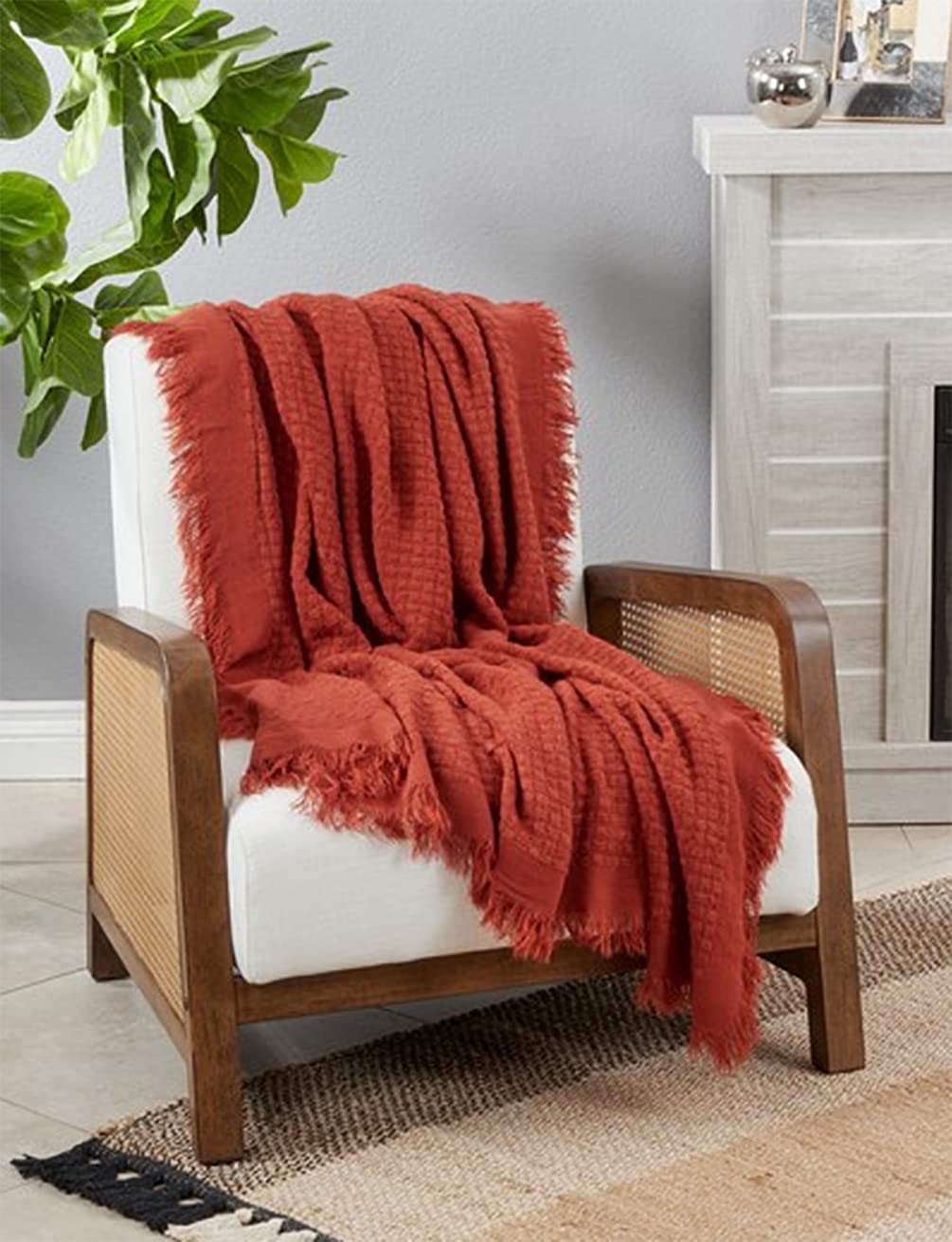 Fennco Styles Waffle Weave Solid Lightweight Throw Blanket with Fringe 50" W x 60" L - Slate Blanket for Sofa, Couch, Living Room and Bedroom Décor