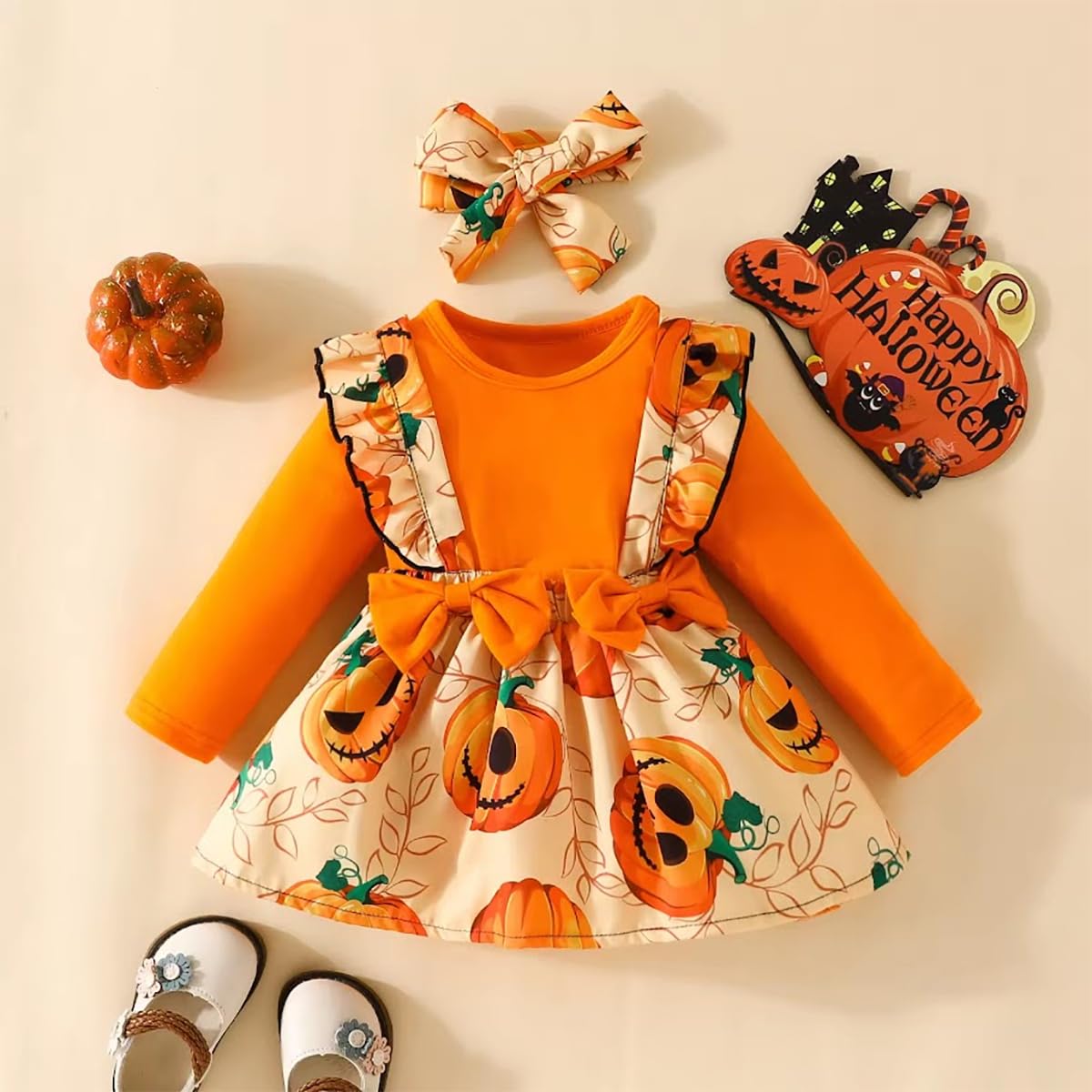 stylesilove Infant Baby Girl Orange Long Sleeve Romper Pumpkin Print Overall Dress with Headband 3pcs Halloween Outfit