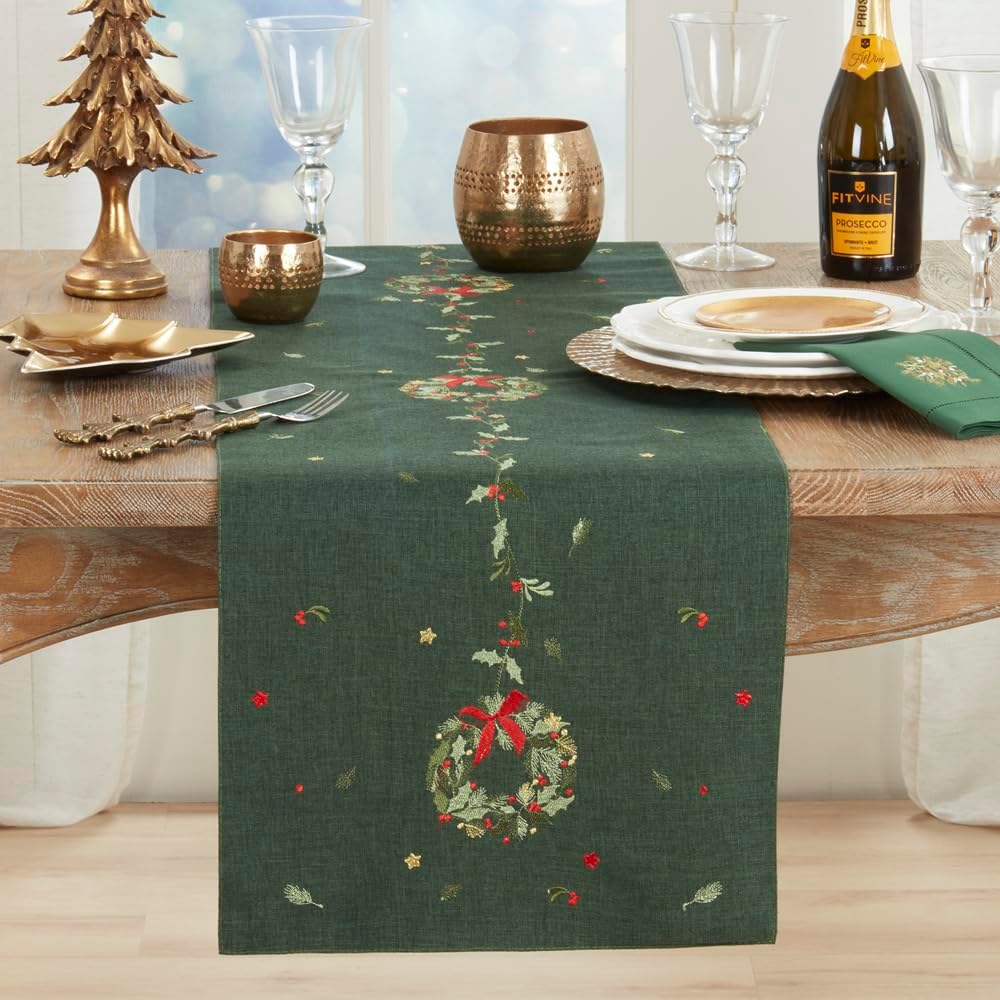 Fennco Styles Embroidered Wreath Christmas Table Runner 16" X 70" - White Festive Table Cover for Winter Holidays Décor, Dining Table, Banquet, Family Gathering, and Special Occasions