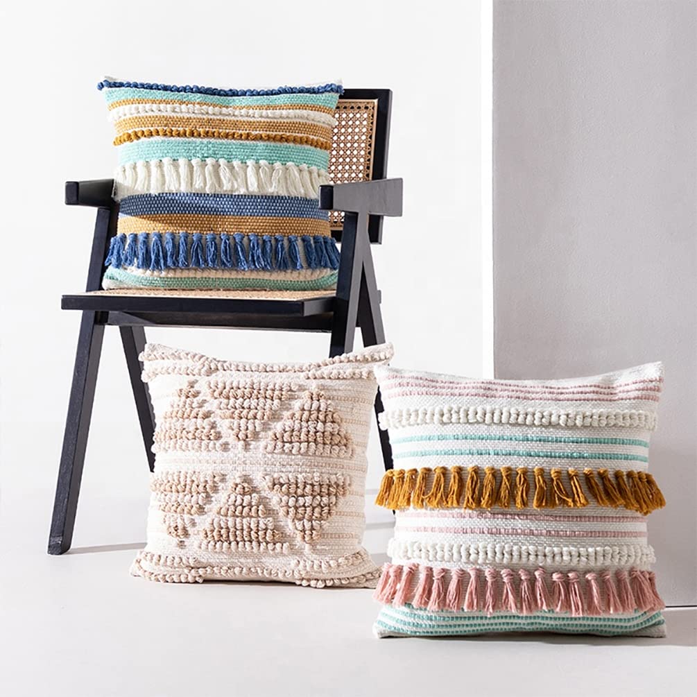 Fennco Styles Woven Tassel Striped Decorative Throw Pillow 18" W x 18" L - Textured Boho Cushion for Home, Couch, Living Room, Bedroom and Office Décor