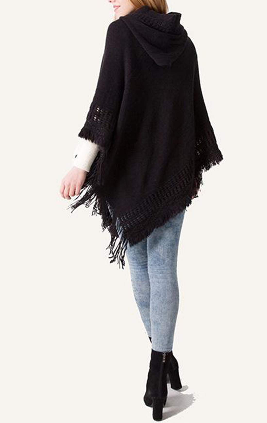 stylesilove Women Solid Knitted Hooded Poncho Crochet Pattern with Fringe Pullover Cardigan Soft Wrap for Fall Winter Seasons