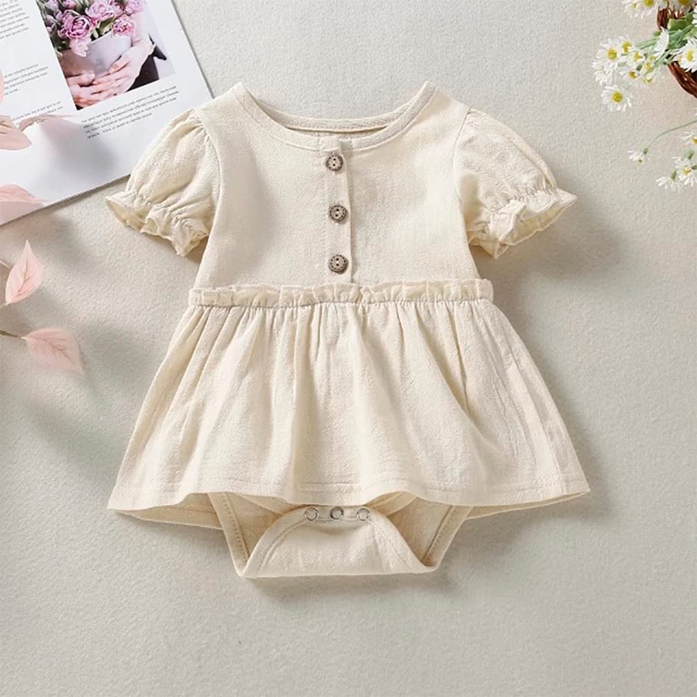 stylesilove Infant Baby Girls Solid Button Front Ruffle Short Sleeve Cotton Romper Dress Spring Summer Dressy Outfit