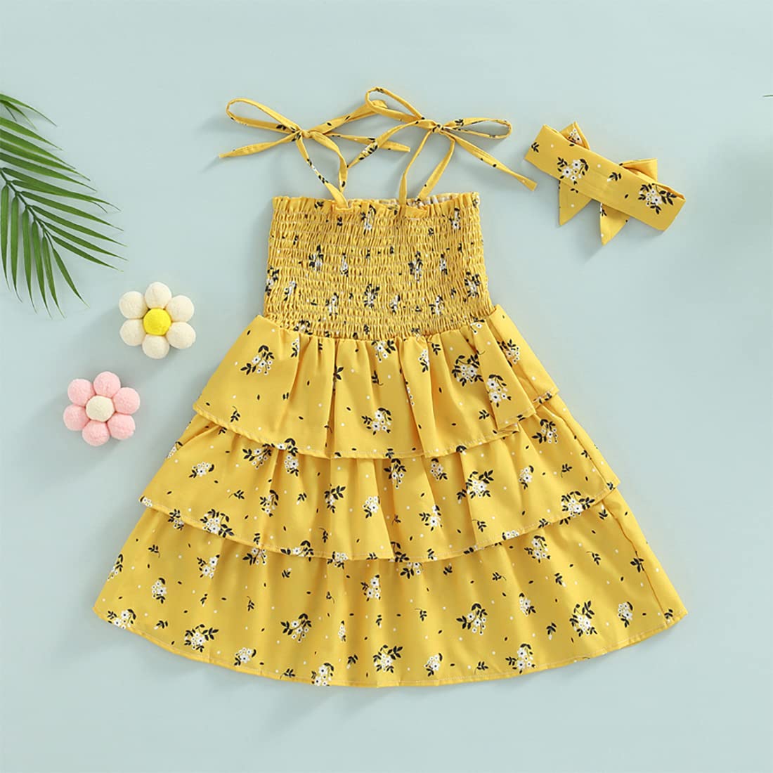 stylesilove Baby Toddler Girls Floral Print Smocked Tiered Sleeveless Dress & Headband 2pcs Summer Ruffle Sundress Outfit