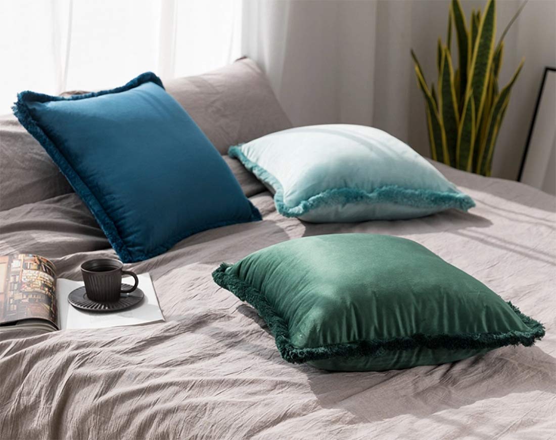 Fennco Styles Contemporary Velvet Fringed Solid Decorative Throw Pillow 17" W x 17" L - Navy Blue Cushion for Home, Couch, Bedroom and Office Décor