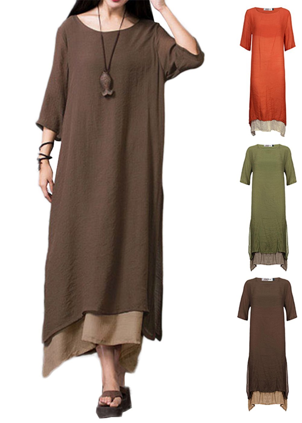 stylesilove Women Girls Short Sleeve Linen-Cotton Loose Long Maxi Dress