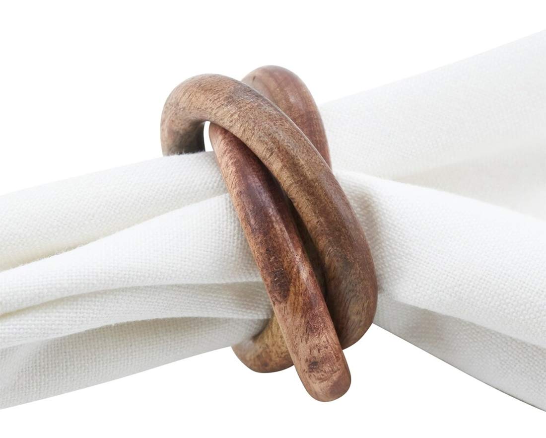 Fennco Styles Natural Mango Wood Interlock Design Napkin Rings, Set of 4 - Brown Napkin Holders for Home Decor, Family Dinner, Banquets and Special Events