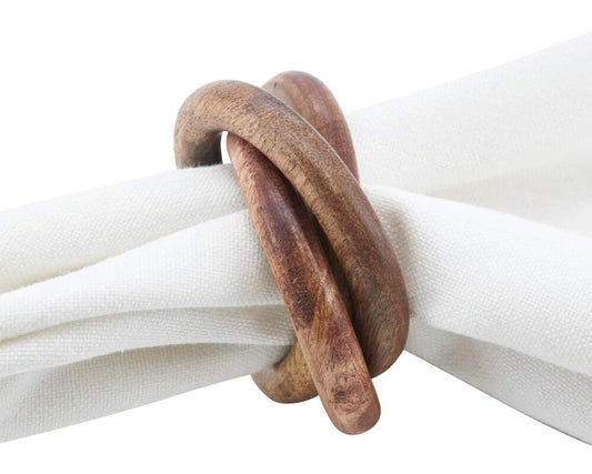 Fennco Styles Natural Mango Wood Interlock Design Napkin Rings, Set of 4 - Brown Napkin Holders for Home Decor, Family Dinner, Banquets and Special Events