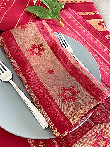Fennco Styles Holiday Metallic Snowflake Printed Tablecloth 70" W x 70" L - Red Woven Table Cover for Home Décor, Banquet, Family Gathering, Christmas, Special Occasion (20"X20" Napkin, Set of 4)