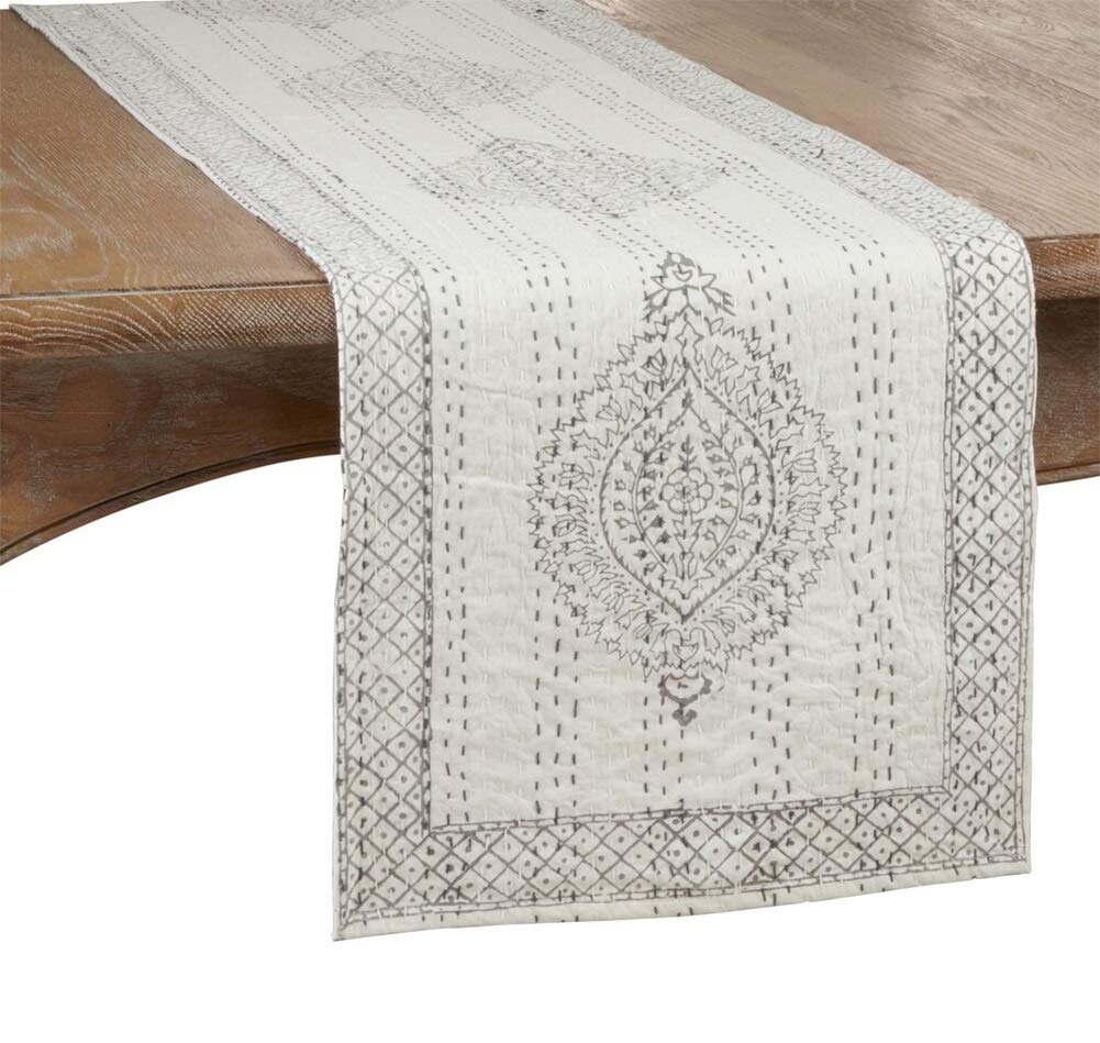 Fennco Styles Unique Taj Kantha Stitch Cotton Table Runner 14 x 72 Inch – Grey Ivory Table Cover for Home Décor, Dining Table, Banquets, Holidays and Special Events