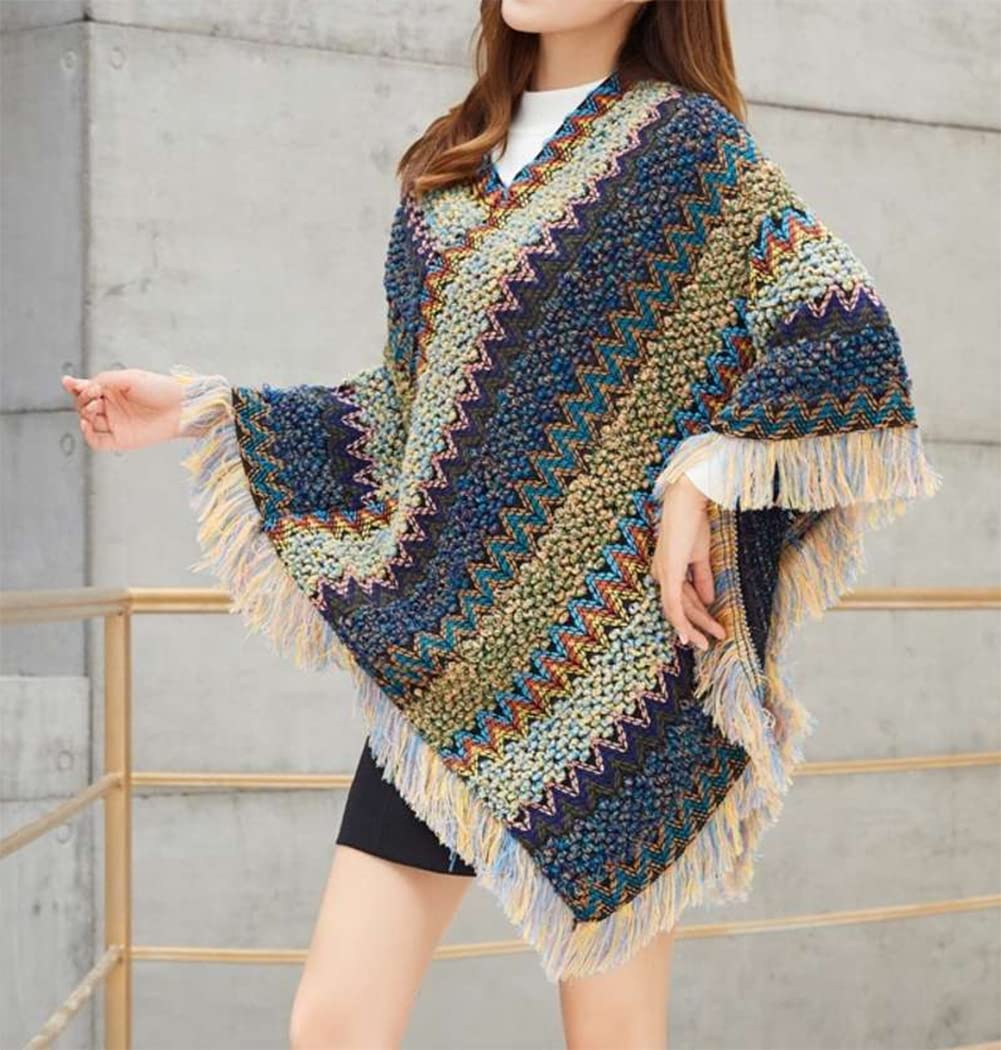 stylesilove Women Autumn Winter Knitted Tassel Irregular Pullover Poncho Sweater Soft Wrap Cape Lightweight Shawl