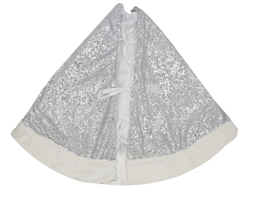 Fennco Styles Unique Silver Sequin Sherpa Border Christmas Tree Skirt 56" Round