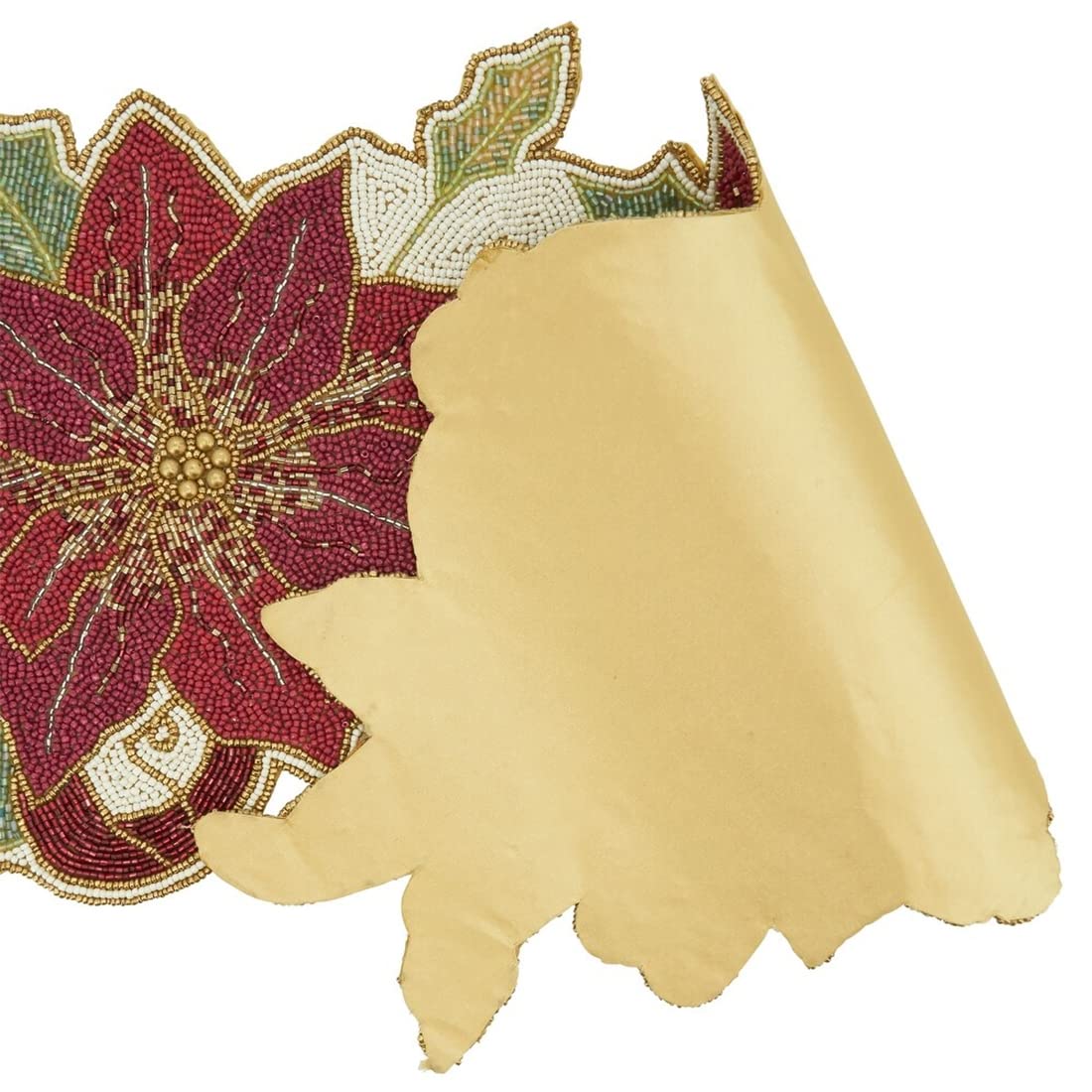 Fennco Styles Hand Beaded Poinsettia Christmas Table Runner 13" W x 36" L - Red & Green Festive Table Cover for Home Décor, Holidays, Family Gatherings, Banquets and Special Occasion