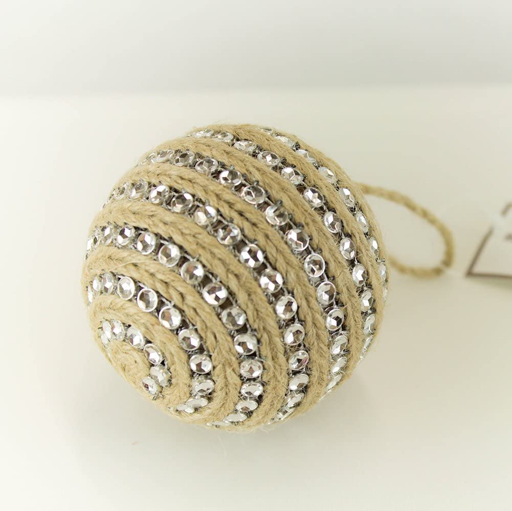 Fennco Styles Handmade Rhinestones & Jute Design Holiday Christmas Tree Ball Ornaments 3" Round, 2-Piece Set