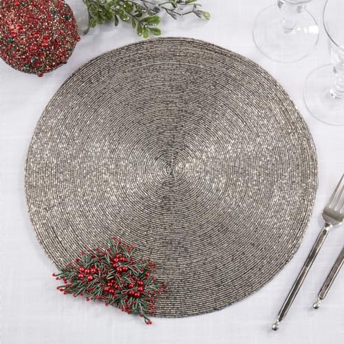 Fennco Styles Festive Beaded Flower Holiday Placemats 15" Round, Set of 4 - Gold Glass Beads Table Mat for Home Décor, Family Gatherings, Banquets, Christmas and Special Occasions