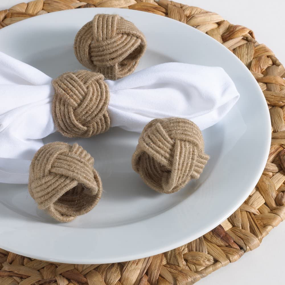 Fennco Styles Classic Braided Jute Napkin Rings, Set of 4 - Ivory Burlap Napkin Holders for Dining Table, Home, Banquets, Holidays, Family Gatherings and Special Events