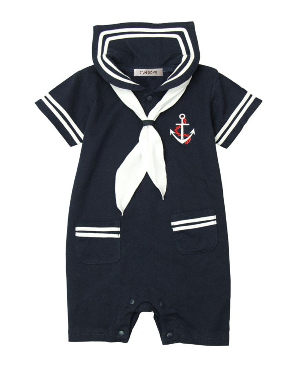 stylesilove.com Baby Boy Marine Sailor Cotton Romper Onesie with Hat and Necktie 3pcs Holiday Outfit