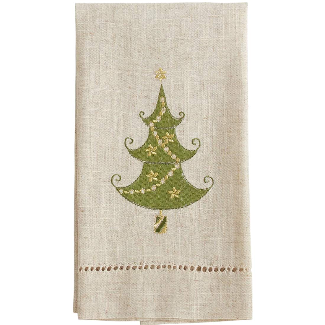 Fennco Styles Embroidered and Hemstitched Design Lighted Christmas Tree Linen-Poly Guest Towels 14 x 22 Inch, Set of 4 – Natural Modern Hand Towels for Bathroom Decor, Bar Accessories, Wedding Gift