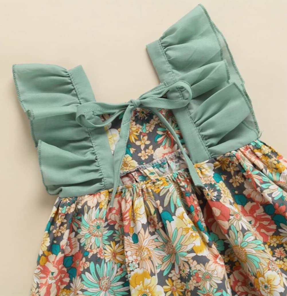 stylesilove Baby Toddler Girls Multi Floral Printed Sleeveless Ruffle Cotton Dress & Hat 2pcs Spring Summer Green Sundress