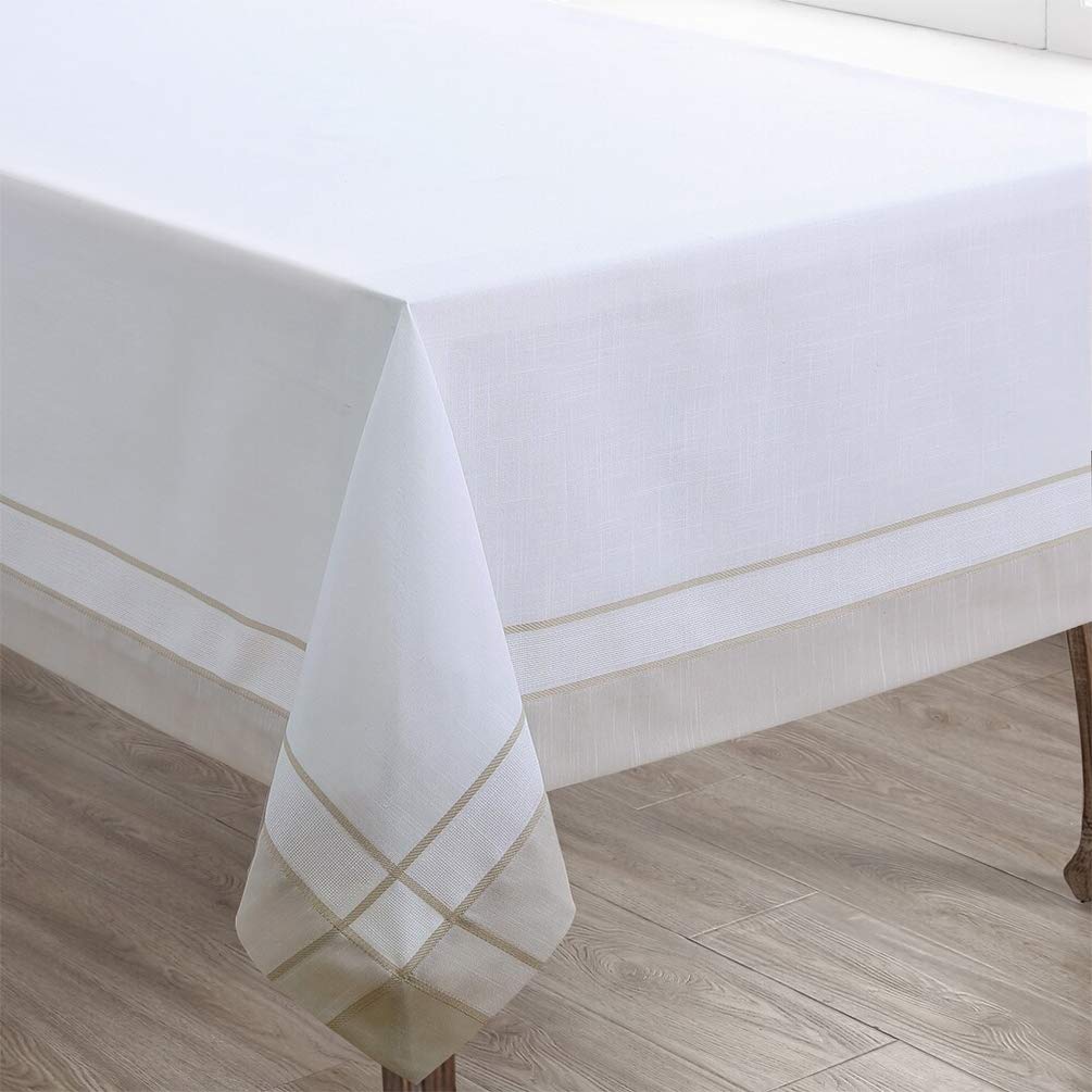 Fennco Styles Neutral Banded Border Design Tablecloth - Decorative Table Cover for Everyday Use, Dining Table Décor, Banquets, Family Gatherings and Special Occasions