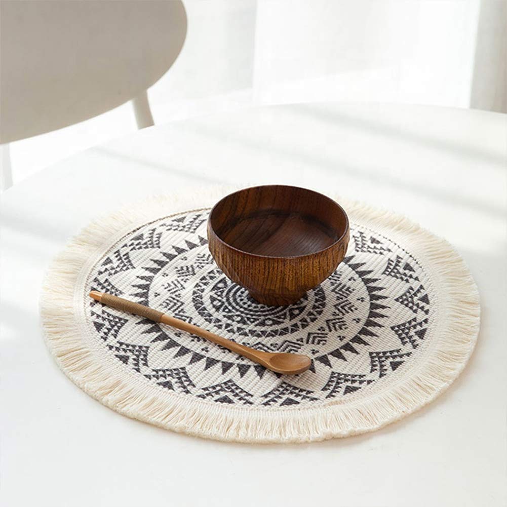 Fennco Styles Boho Mandala Fringe Decorative Cotton Placemats 13-inch Round, Set of 4 - Grey Heat Resistant Insulation Table Mats for Home Decor, Dining Table, Banquets and Special Events