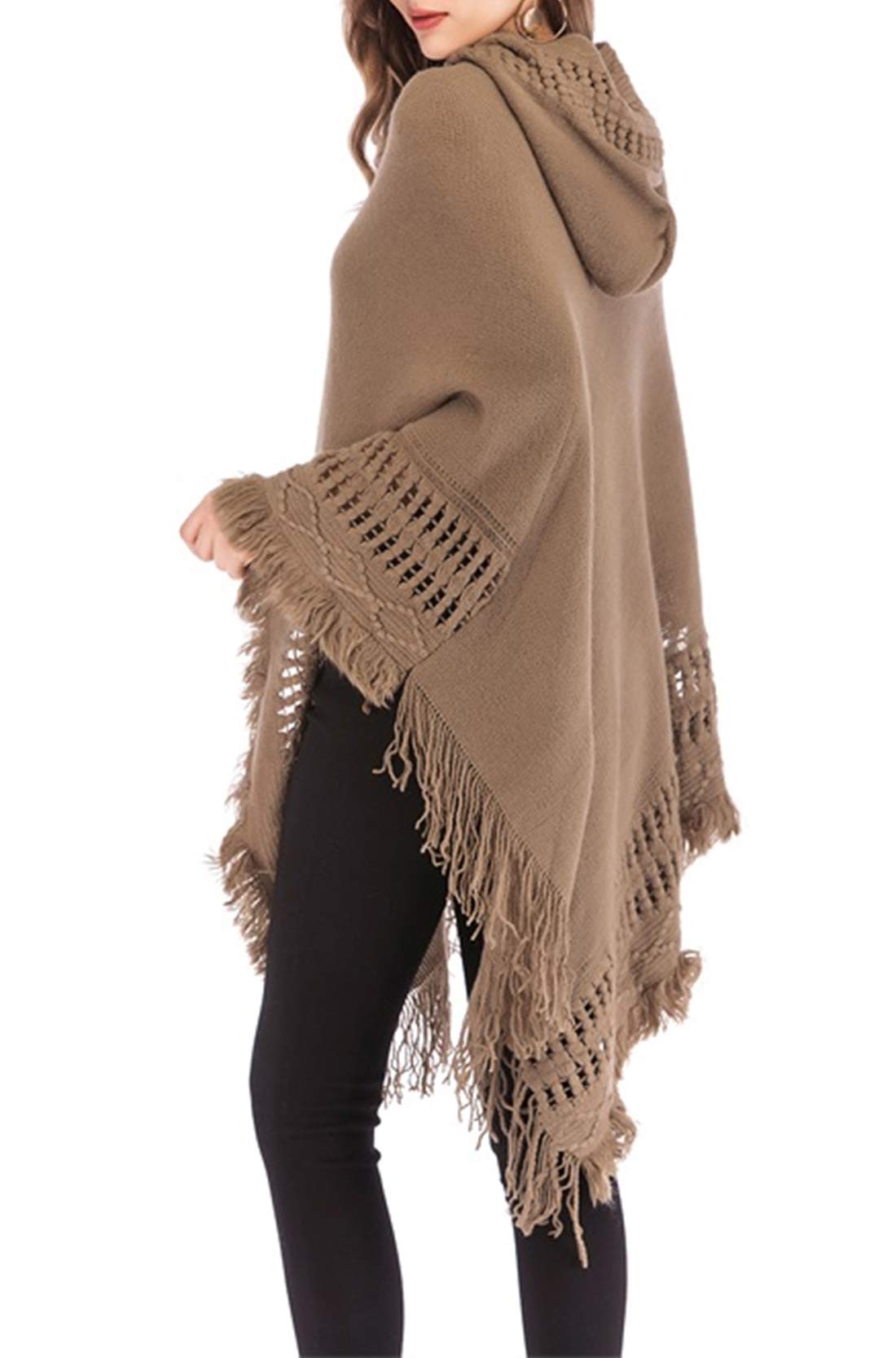 stylesilove Women Solid Knitted Hooded Poncho Crochet Pattern with Fringe Pullover Cardigan Soft Wrap for Fall Winter Seasons