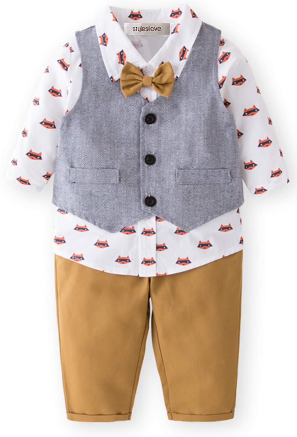 stylesilove Little Boy Foxy Design Clothing Suit, All over Fox Print Shirt, Vest Coat and Pants 3pcs Outfit