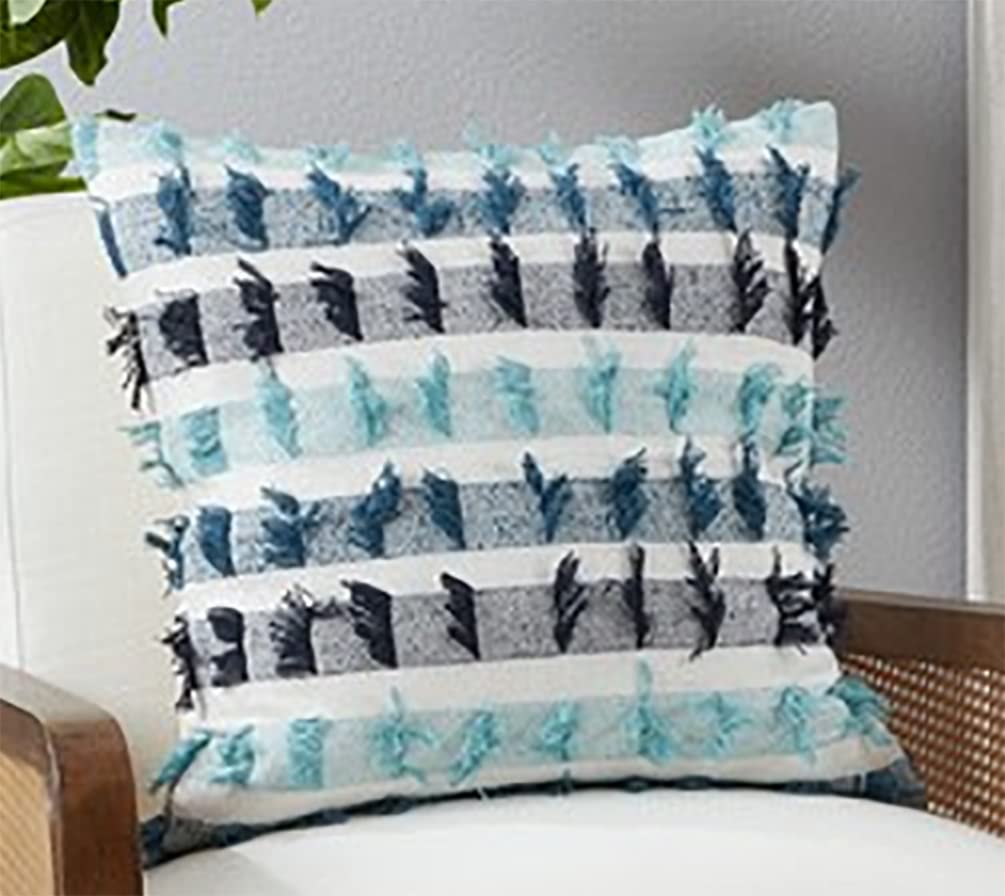 Fennco Styles Boho Striped Fringe Cotton Decorative Throw Pillow 20" W X 20" L – Blue Textured Cushion for Couch, Sofa, Bedroom, Office and Living Room Décor