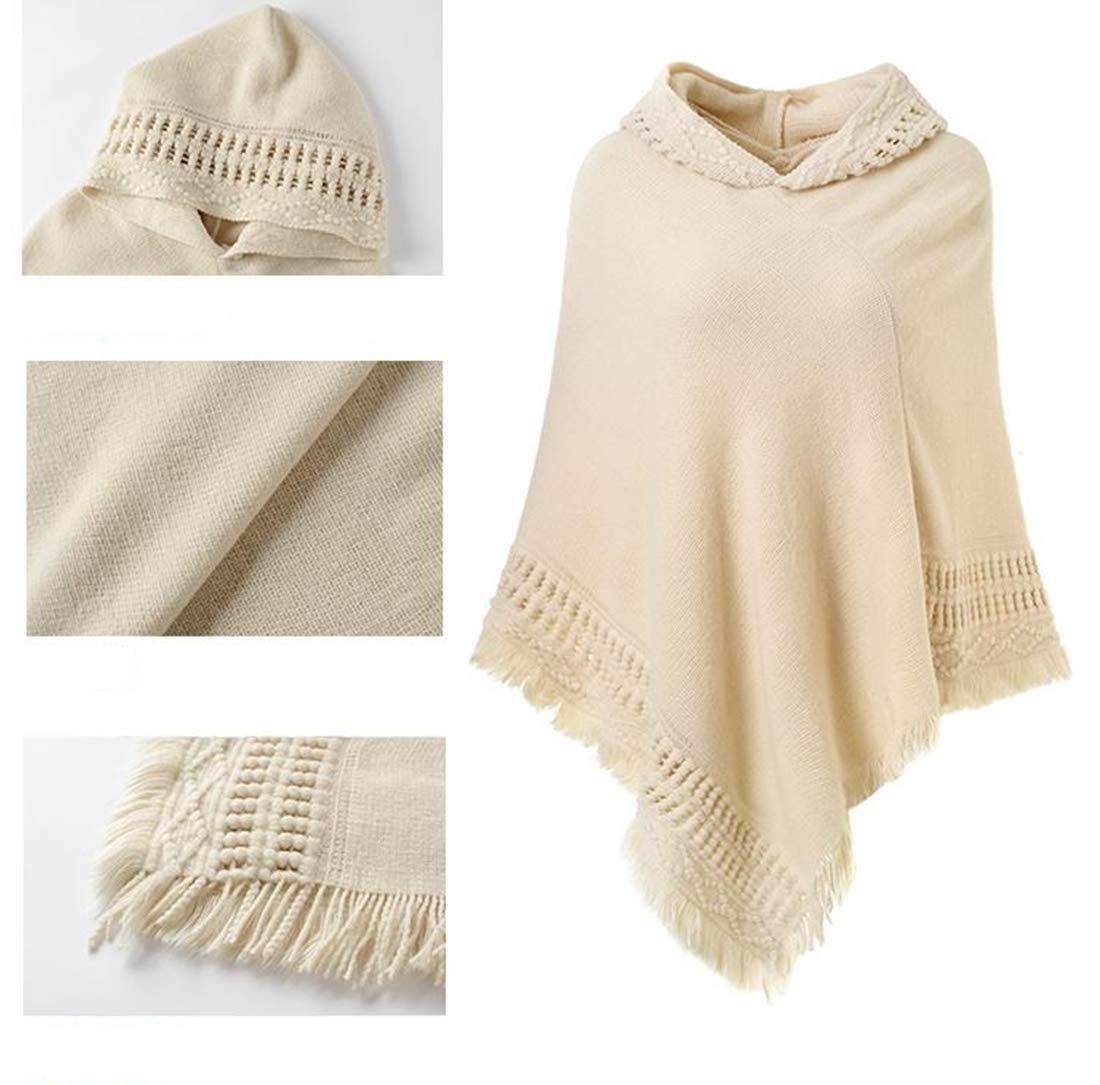 stylesilove Women Solid Knitted Hooded Poncho Crochet Pattern with Fringe Pullover Cardigan Soft Wrap for Fall Winter Seasons