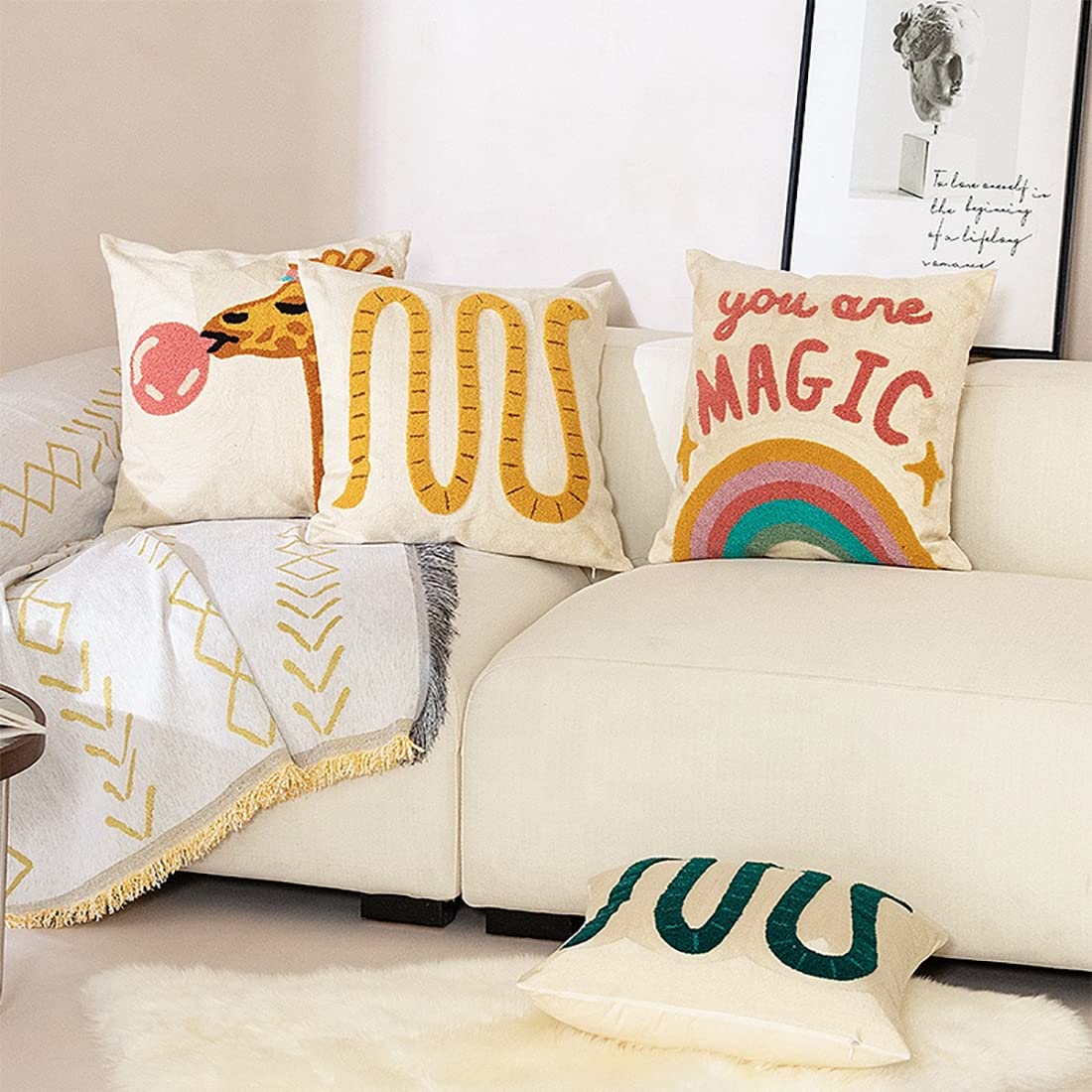 Fennco Styles Embroidery Giraffe Decorative Cotton Throw Pillow 17" W x 17" L